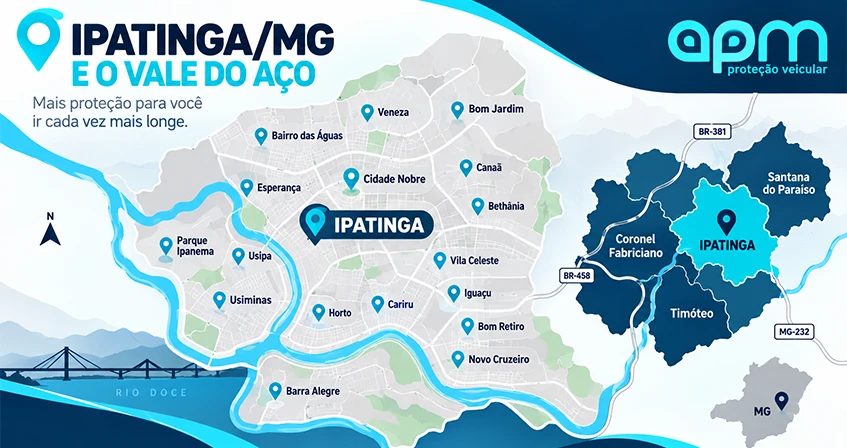 Proteção veicular em Ipatinga, mapa dos bairros de Ipatinga atendidos pela APM Brasil