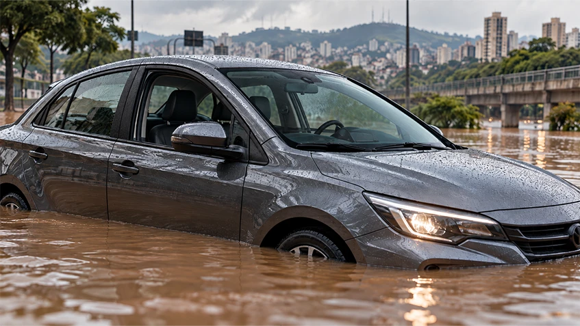 Nível de água em carro durante alagamento em BH