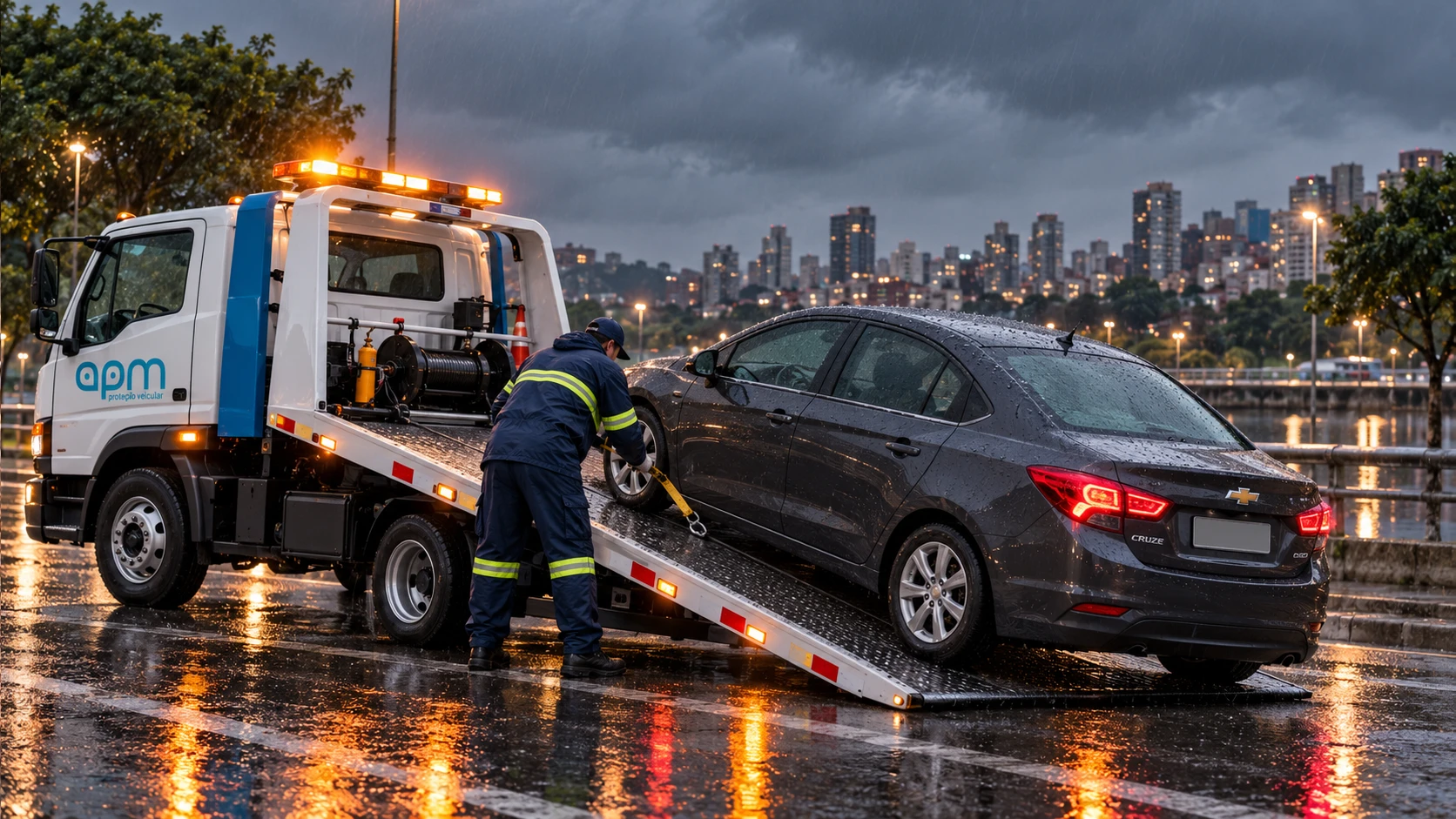 Reboque APM Brasil retirando carro de local alagado